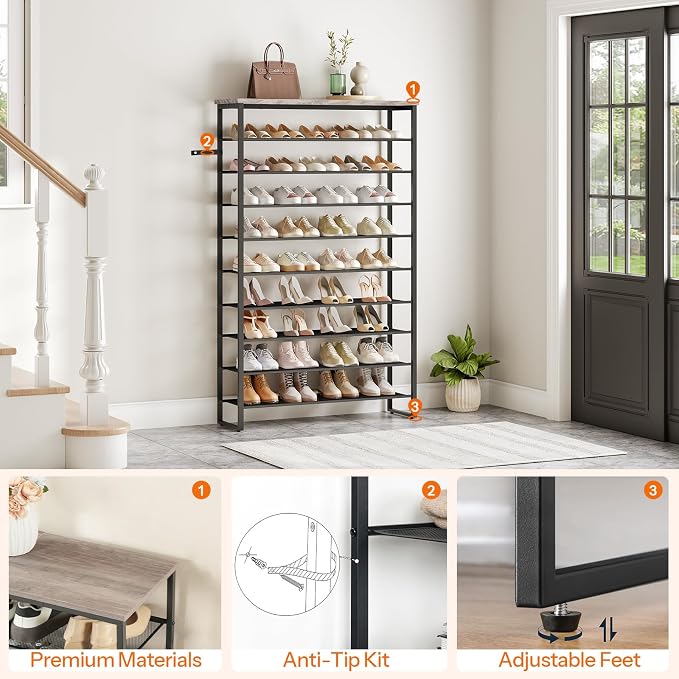 HOOBRO 10-Tier Shoe Rack for Entryway, 39.4" L Shoe Storage Organizer, Large Capacity Shoe Shelf for Closet, Front Door Entrance, Hallway, Holds 45-50 Pairs of Shoes, Greige and Black BG171XJ01