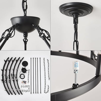 53 Inch Black Extra Large Wagon Wheel Chandelier, 20-Lights Farmhouse Industrial Round High Ceiling Pendant Light Adjustable Chain for Outdoor Porch,Foyer,Dining Room, Living Room