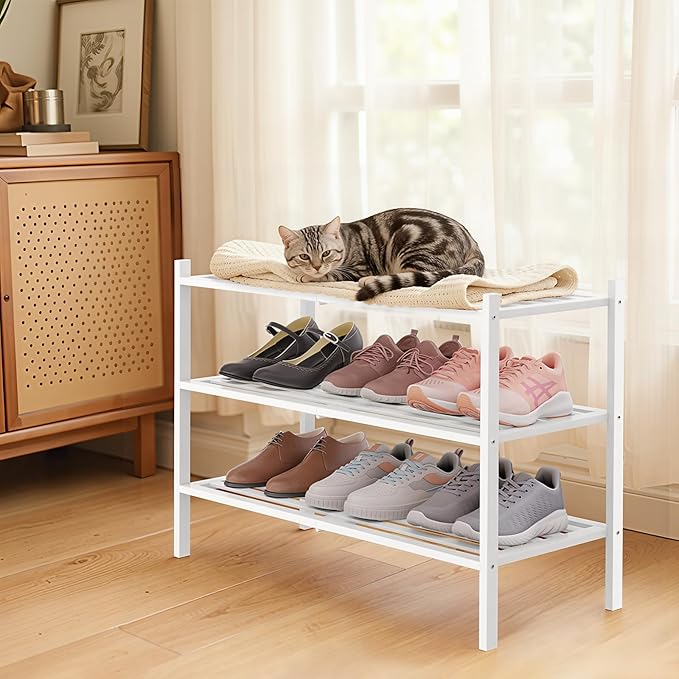 Smiry Bamboo Shoe Rack 3-Tier, Stackable Wooden Shoe Organizer for Entryway & Closet, Free Standing Wood Shoe Storage Shelf for Front Door & Small Spaces, White