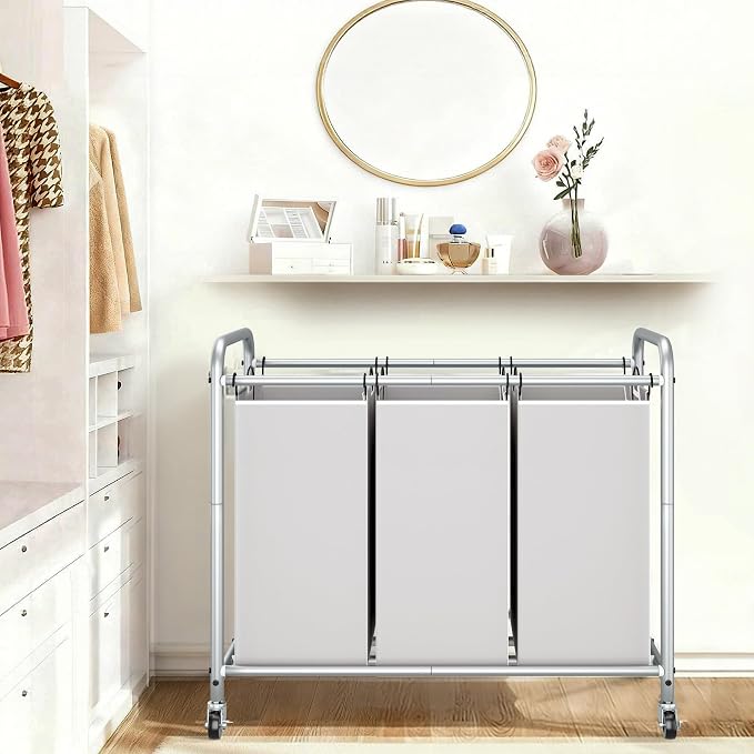 STORAGE MANIAC 3 Section Laundry Sorter, 35.6 Gal (135 L) Laundry Hamper Cart with Heavy Duty Rolling Lockable Wheels and Removable Bags, Clothes Organizer Basket Clothes Separator Hamper, Gray