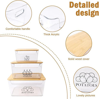 Potato and Onion Storage Bins, Transparent Acrylic Bin with Bamboo Lid, Stackable Vegetable Storage Bins for Potato, Onion, Garlic, Set of 3