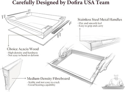 Acacia Wood Serving Tray with Metal Handles, 15x10 Inch Decorative Tray for Coffee Table Ottoman - Rustic Wooden Breakfast & Drink Tray, Farmhouse Centerpiece