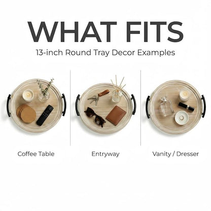 13" Round Decorative Wood Tray with Handles, Whitewashed Farmhouse Coffee Table Decor for Living Room, Entryway & Kitchen Island, Includes Bead Garland, Giftable Home Decor