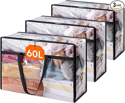 Lifewit 3 Pack Clear Clothes Storage Bags, 60L Plastic Blanket Storage Bag, Vinyl Foldable Moving Bags with Zipper, Closet Organizers and Storage Containers for Bedding, Duvet, Comforter