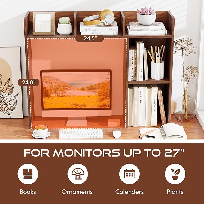 Desk Hutch, Desktop Shelf with 5 Shelves, Desk Bookshelf w/Anti-Toppling Devices, Wood Table Top Bookshelf Organizer, Small Desk Shelf for Study, Office, Dorm (Walnut, 5 Shelves)