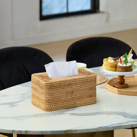 Rattan Tissue Box Cover, Rectangle Wicker Tissue Box Holder, Boho Tissue Box Cover for Living Room, Bathroom, Kitchen, Bedroom, 10.2 x 6.2 x 5.3 inch, Natural