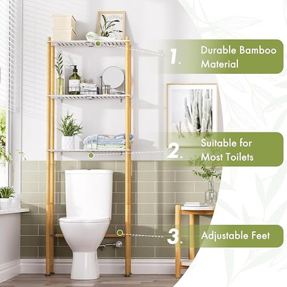 AmazerBath Over The Toilet Storage Bamboo, Bathroom Storage Organizer Shelf, 3-Tier Above Toilet Storage Rack, Space Saver, White and Natural Color