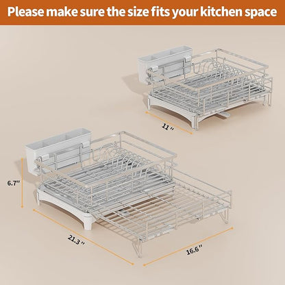 Dish Drying Rack, 304 Stainless Steel Expandable Dish Drainer for Kitchen Counter, Space-Saving with Utensil Holder, Gray