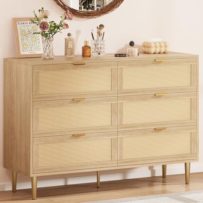 IDEALHOUSE Rattan 6 Drawer Dresser for Bedroom, Modern Chest of Drawers with Gold Legs and Gold Handles, Wide Double Dresser with Large Tabletop and Anti-Tipping Design for Bedroom Living Room, Oak