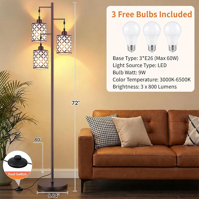 New Upgraded 72" Tall Dimmable Floor Lamp with 3 x 1100LM 12W Bright LED Bulbs, Farmhouse Standing Lamp with Remote Control, Industrial Tree Pole Floor Lamps for Living Room, Bedroom, Office - Brown