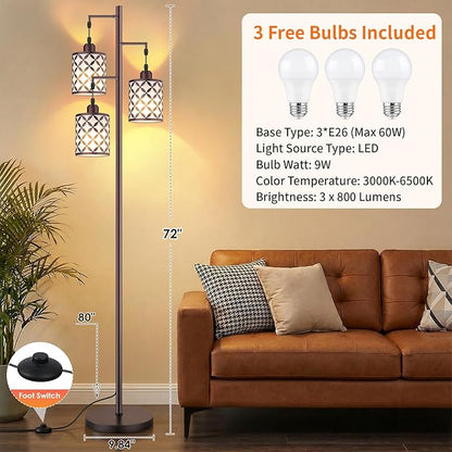 New Upgraded 72" Tall Dimmable Floor Lamp with 3 x 1100LM 12W Bright LED Bulbs, Farmhouse Standing Lamp with Remote Control, Industrial Tree Pole Floor Lamps for Living Room, Bedroom, Office - Brown
