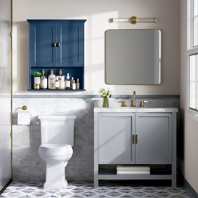 Bathroom Wall Cabinet, Wooden Medicine Cabinet Over Toilet Storage Cabinet with Doors and Adjustable Shelf Wall Mounted Storage Organizer Cabinet Above Toilet (Ultramarine)