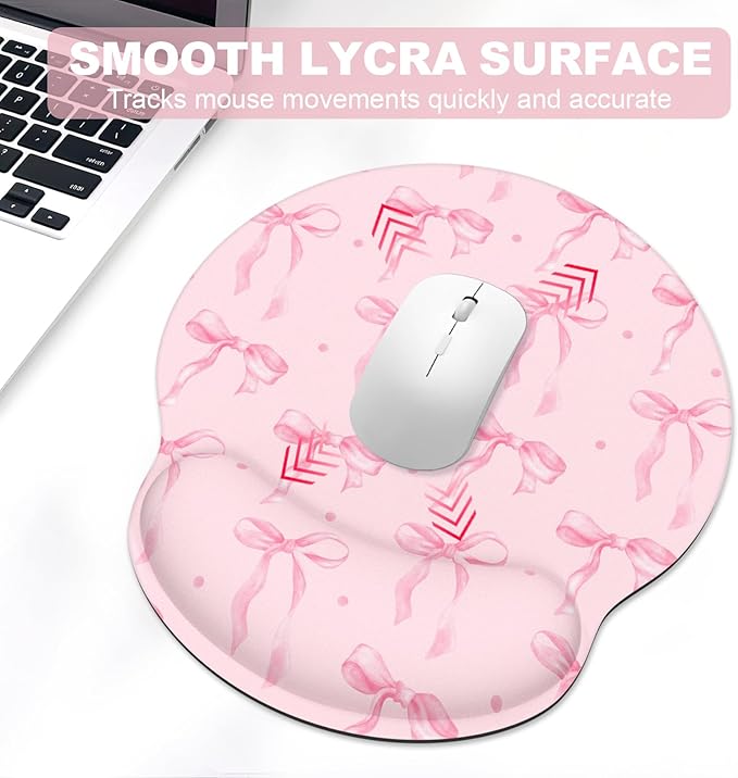 Ergonomic Mouse Pad with Wrist Rest and Keyboard Wrist Rest, Mousepad and Wrist Rest for Computer Keyboard, Non-Slip Rubber Base, Mouse Pad Wrist Support for Gaming, Pink Bow