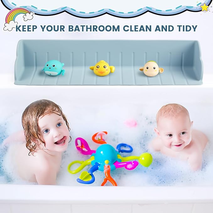 Bathtub Splash Guard for Tub, Silicone Bathtub Caddy Tray with Play Shelf, Kids Bath Tub Shelf and Organizer for Baby Bath Toys, Bath Toy Holder, Toddler Bathtub Accessories(Classic Blue)