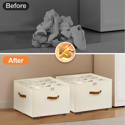 Foyego Shoe Organizer for Closet, Shoe Storage Organizer with Wheels and Adjustable Dividers, Stackable Shoe Storage Box with Clear Cover, Foldable Closet Shoe Organizer Fits up to 16-32 Pairs, Beige