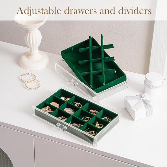 Lolalet Earring Holder Organizer Box Jewelry Storage with 6 Drawers, Clear Acrylic Stackable Earring Case with Adjustable Velvet Trays for Women on Dresser Vanity -Emerald, 6 Layers
