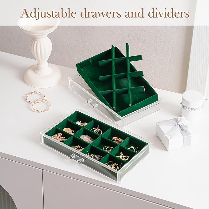Lolalet Earring Holder Organizer Box Jewelry Storage with 4 Drawers, Clear Acrylic Stackable Earring Case with Adjustable Velvet Trays for Women on Dresser Vanity -Emerald, 4 Layers