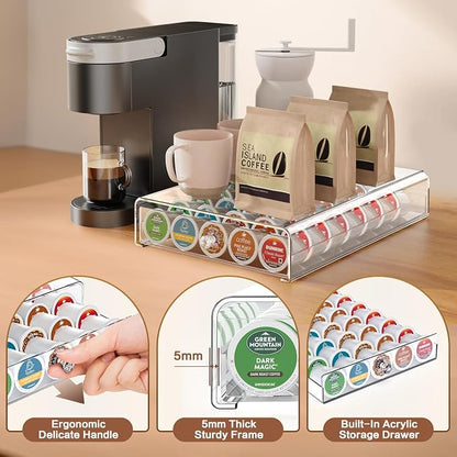 Crystal Clear Acrylic K Cup Organizer Coffee Pod Storage Box, 35 Pods Coffee Pods and Tea Organizer Holder, K Pod Drawer Coffee Maker Stand, Organizador De Cafe, Kcup Drawer Organizer Under Brewer