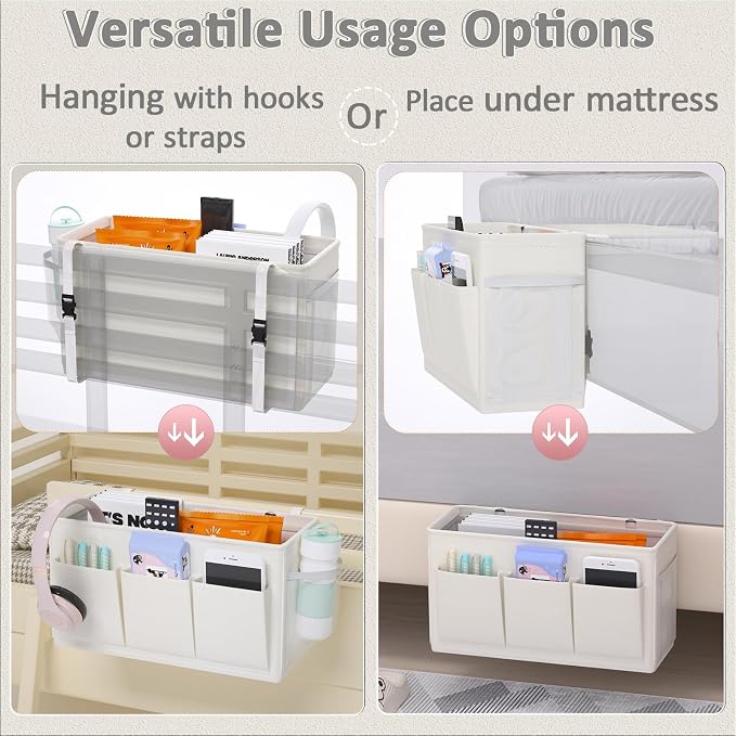 Edudif Dual-purpose Bedside Caddy Bedside Organizer, Bed Caddy with 6 Pockets, Versatile Bedside Storage Solution Magazine Remotes holder, ideal for Home, Dorm, Hospital, Crib Bed
