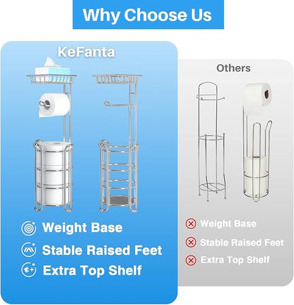 Toilet Paper Holder Stand with Shelf for Phone, Bathroom Free Standing Tissue Roll Storage Rack with Dispenser for 4 Mega Rolls, Chrome