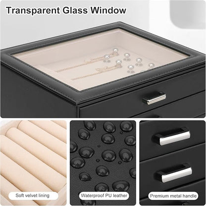 DesignSter Jewelry Box Organizer, Jewelry Box for Women, PU Jewelry Organizer Display Case with Side Drawers, Jewelry Storage for Earring Necklace Ring Bracelet Watch