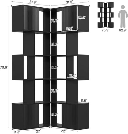 Semoic 71 inch Corner Bookshelf, 5 Tier Storage Bookcase, L-Shaped Cube Bookshelf, Wood Modern Book Shelf Organizer for Living Room/Home Office/Bedroom Display Unit, Black