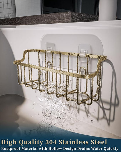 Consumest Sponge Holder Sink Caddy - Ladder Shaped Sponge Holder for Kitchen Sink with 2 Installation Ways (Suction Cups & Adhesive Hook), Rustproof Stainless Steel Kitchen Organizer, Gold