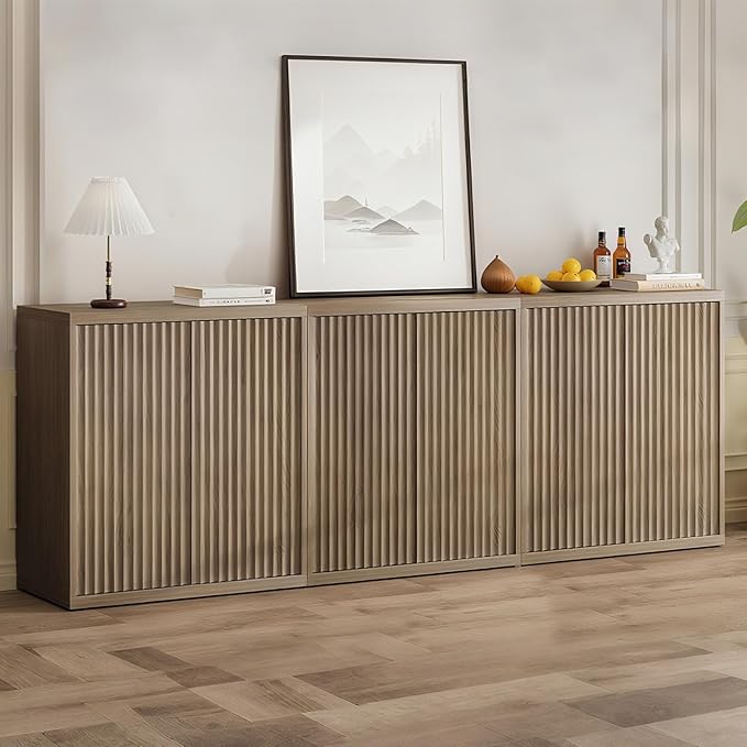 31” Sideboard Cabinet with Storage, Fluted Accent Cabinet with Adjustable Shelves, Modern Wood Credenza Cabinets with Pop-up Doors for Entryway Kitchen Living Room Hallway, Brown 3 Pcs