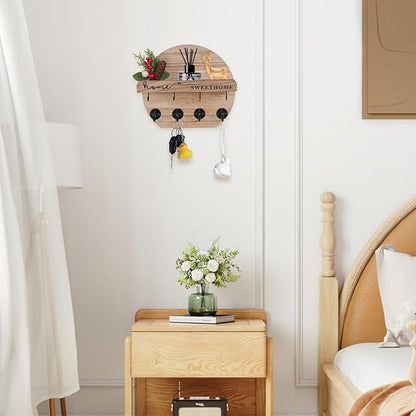 Key Holder for Wall, Key and Mail Holder Organizer - Key Holder Wall Mount with Bouquet Shelf and Key Hooks, Round Wooden Rustic Key Rack for Entryway and Home Decor (Wood)