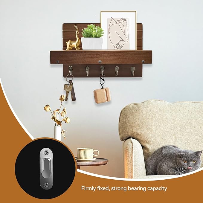 Key Holder for Wall, House Decor Mail Organizer Wall Mounted with Shelf & 5 Hooks for Hanging Dog Leash, Sunglasses, Hats, Rustic Key Rack Apartment Eseentials Wooden Key Hanger