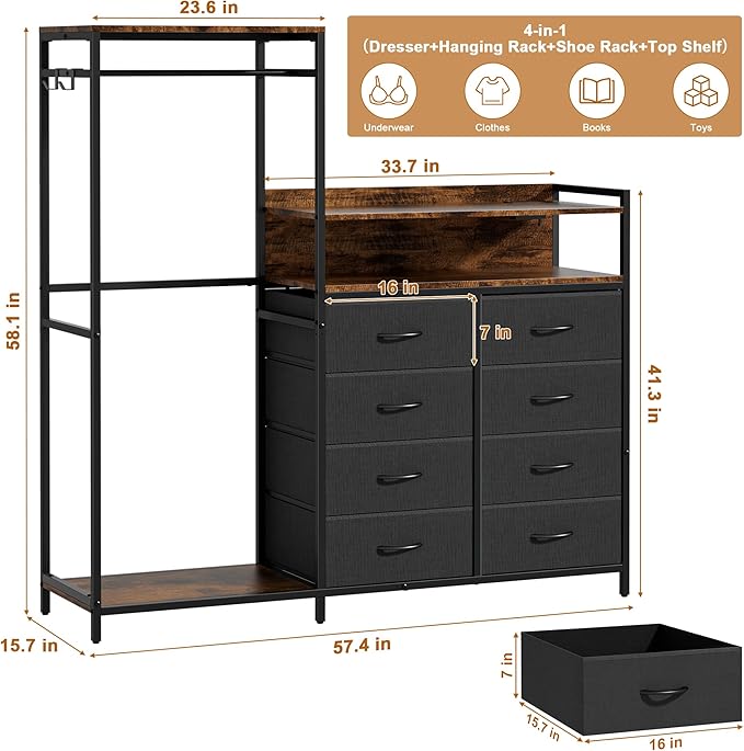 Dresser with Clothes Rack,58" H Clothing Rack with Fabric Drawers & LED Lights,Clothes Racks for Hanging Clothes,8 Drawers Dresser,Garment Rack for Bedroom with Charging Station,Grey