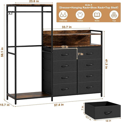 Dresser with Clothes Rack,58" H Clothing Rack with Fabric Drawers & LED Lights,Clothes Racks for Hanging Clothes,8 Drawers Dresser,Garment Rack for Bedroom with Charging Station,Grey