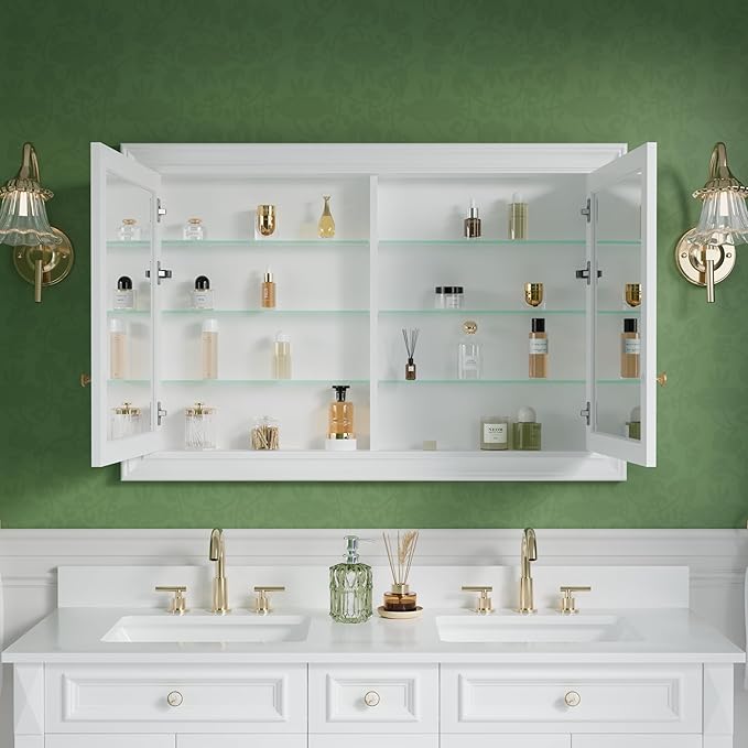 WELLFOR 48"x 32" Bathroom Medicine Cabinet with Dual Mirrors, Recessed Wood Medicine Cabinet with 6-Tier Adjustable Glass Shelves and Soft-Close Door