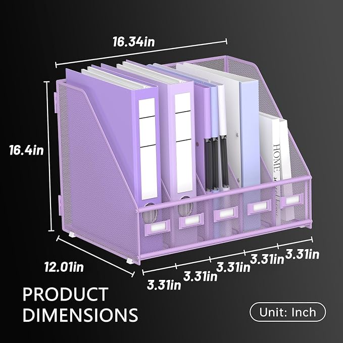 DALTACK Desk Organizers Metal Magazine File Holder with 5 Vertical Compartments Folder Storage Binder Organizer for Office Home School Organization, Purple Plus