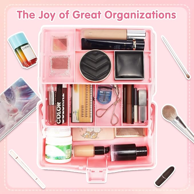 TERGOO 12in 3-Layer Plastic Craft Organizers and Storage, Portable Folding Tackle Box with Handle & Adjustable Dividers, Multipurpose Case for Sewing, Art Supplies, Medicine, Tools (White Pink)