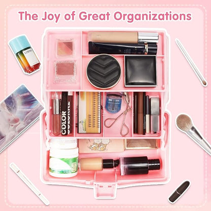 TERGOO 12in 3-Layer Plastic Craft Organizers and Storage, Portable Folding Tackle Box with Handle & Adjustable Dividers, Multipurpose Case for Sewing, Art Supplies, Medicine, Tools (White Pink)