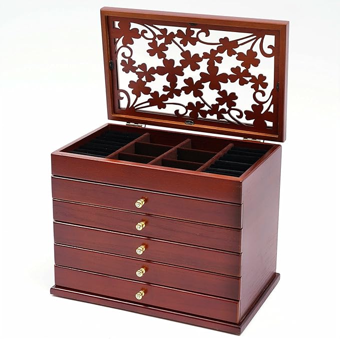 6-layer Jewelry Box Organizer,Lucky Four Leaf Clover Rustic Wooden Jewelry Boxes & Organizers,Jewelry Storage for Rings Earrings Necklaces Bracelets Christmas New Year Gift