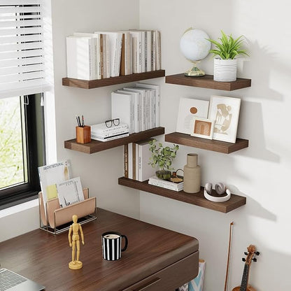 Acovy 55 Inch Floating Shelves, 8 Inch Deep Floating Shelves for Wall, Hanging Shelf with Invisible Brackets, Deep Shelves for Bathroom, Bedroom, Living Room, Walnut, Set of 2