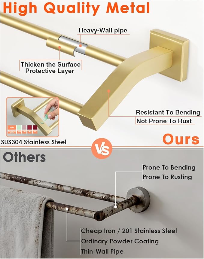 Alise Bath Double Towel Bars Towel Racks for Bathroom,Wall Mount Towel Holder Heavy Duty SUS304 Stainless Steel Towel Hanger Towel Rail,Gold,16 Inch