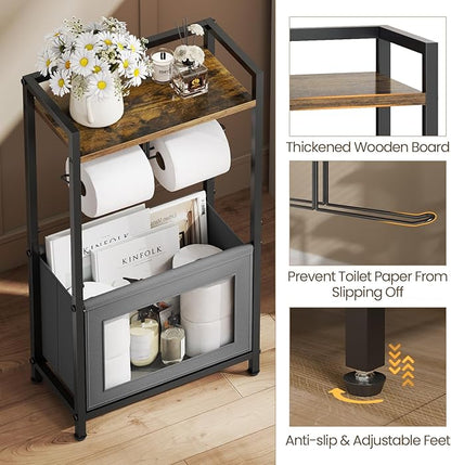 Toilet Paper Holder Free Standing with Storage Basket, Bathroom Tissue Holder Stand with Top Wood Shelf for Phones, Wet Wipes, Small Plants, Metal Toilet Paper Rack for Bathroom Organizer, Black