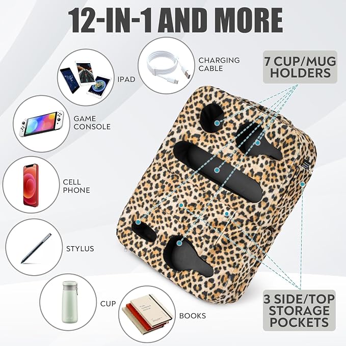 TabCouchCaddy - Couch Cup Holder Tray Pillow - Bed, Couch Caddy, Sofa, RV & Car - Holds Drinks, Snacks, Remotes, Phones, Kindle, Tablet | Bed Cup Holder (Leopard)