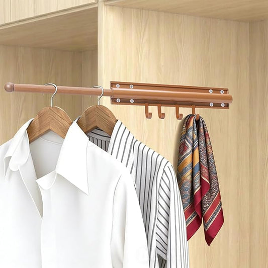 12 inch Valet Rod for Closet Pull Out, Closet Valet Rod Slide Out Pull Out Clothes Hanger With 4 Hooks Closet Organization and Storage (Brown gold)