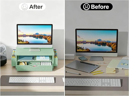 gianotter Desk Organizers and Accessories, Monitor Stand with Drawer and 2 Pen Holder, Desktop Organizer Suitable for Offices and Dormitories (Sage Green-Plain)