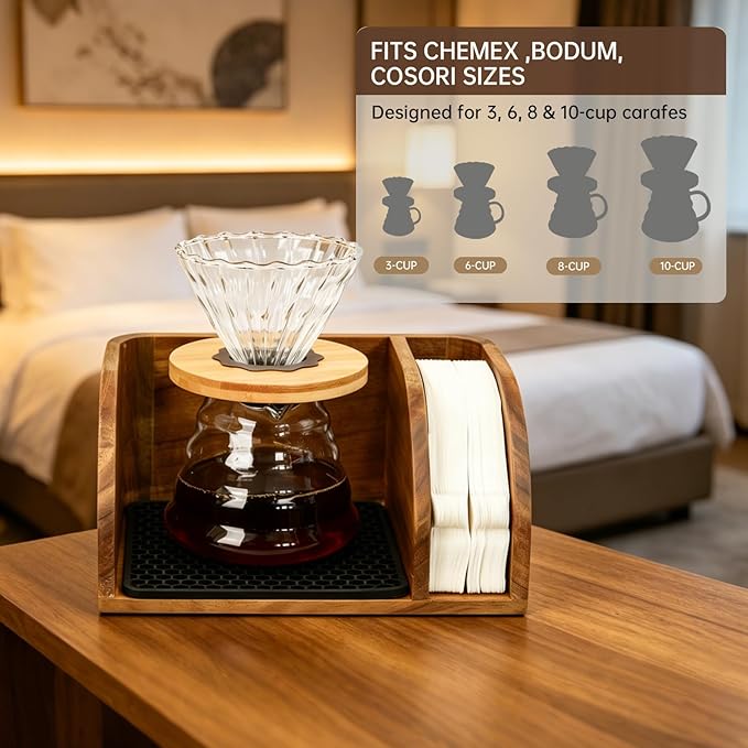 Acacia Wood Coffee Bar Station Organizer Stand, Wooden Pour Over Maker Caddy Storage Organizers, Coffee Filter Holder for Countertop with Heatproof Mat (9.4*7*5.1 inch) Glass Coffee Maker not included