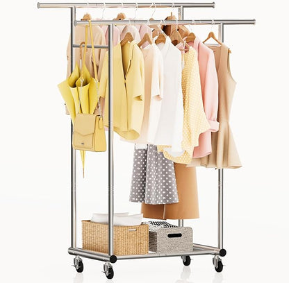 TigerParty Double Rods Clothes Rack for Hanging Clothes, Heavy Duty Sturdy Stainless Steel Clothing Rack, Rolling Garment Rack with Wheels for Bedroom Laundry Living Room