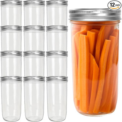 CycleMore 24oz 12 Pack Mason Glass Jars with Silver Separable Lids, Wide Mouth Canning Jars, Glass Pickle Canning Jars for Jelly, Jam, Honey, Wedding Favors, Spices and Herbs