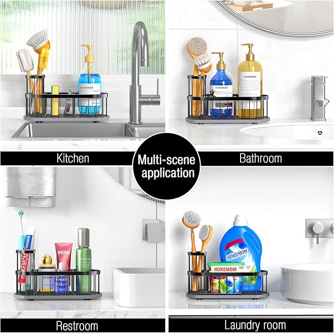 HOKEMOM Black Sponge Holder for Kitchen Sink,Sink caddy organizer - 2.6mm Thick 304 Stainless Steel Caddy with Rust-Proof Coating, Non-Slip No-Drain Base. Dimensions: 9.84" x 4.72" x 5.83"