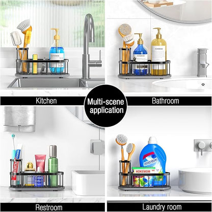 HOKEMOM Black Sponge Holder for Kitchen Sink,Sink caddy organizer - 2.6mm Thick 304 Stainless Steel Caddy with Rust-Proof Coating, Non-Slip No-Drain Base. Dimensions: 9.84" x 4.72" x 5.83"