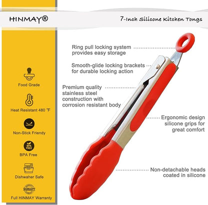 HINMAY 7-Inch Mini Silicone Tongs Small Serving Tongs for Appetizers, Set of 3 (Red)