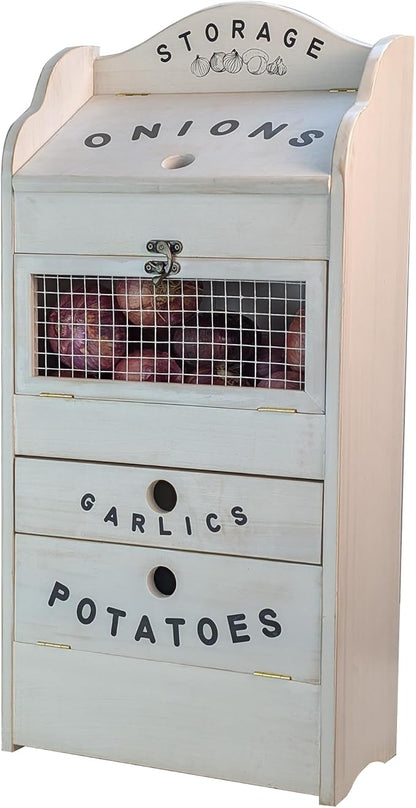 ARTAWEIN Pine Wood Veggie Bin for Potato, Onion and 1 Garlic Drawer Vegetable Box for Kitchen Storage, Solid Wood Vegetable Bin 13.77" L X 7.1" W X 29.3" H (Rustic White)